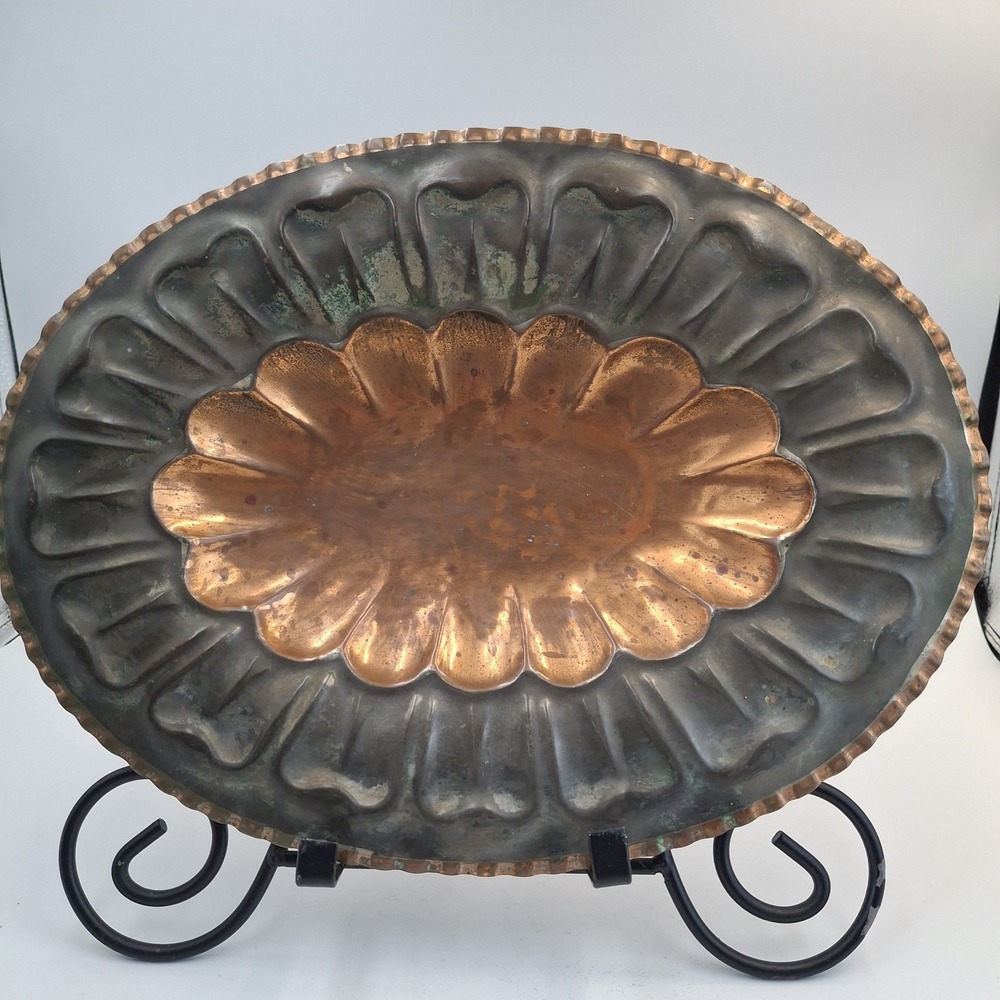 Vintage Italian Copper Footed Tray Scalloped Fluted Oval Serving Platter Italy